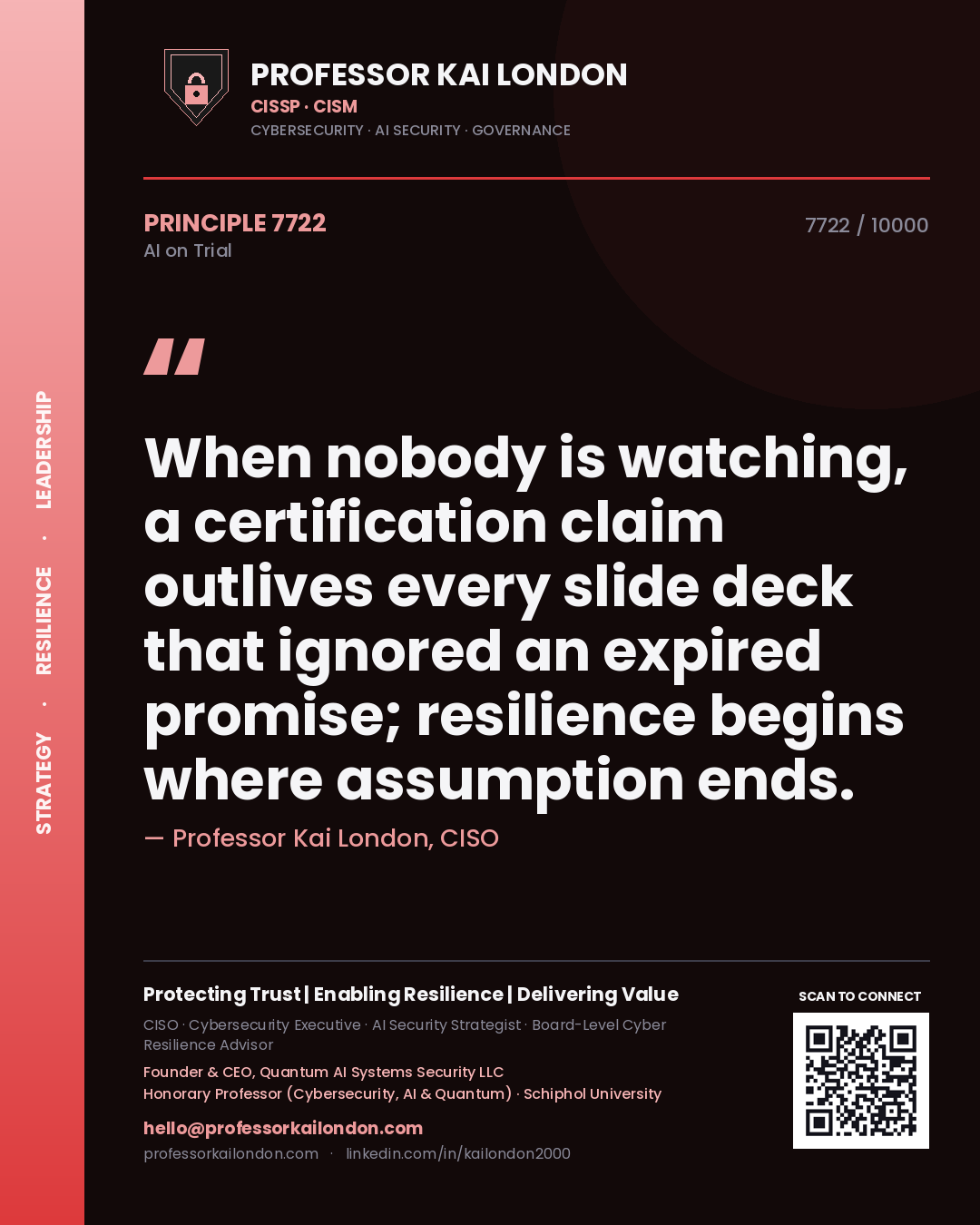 Quote card by Professor Kai London reading 'When nobody is watching, a certification claim outlives every slide deck that ignored an expired promise; resilience begins where assumption ends.'. From the book AI on Trial.