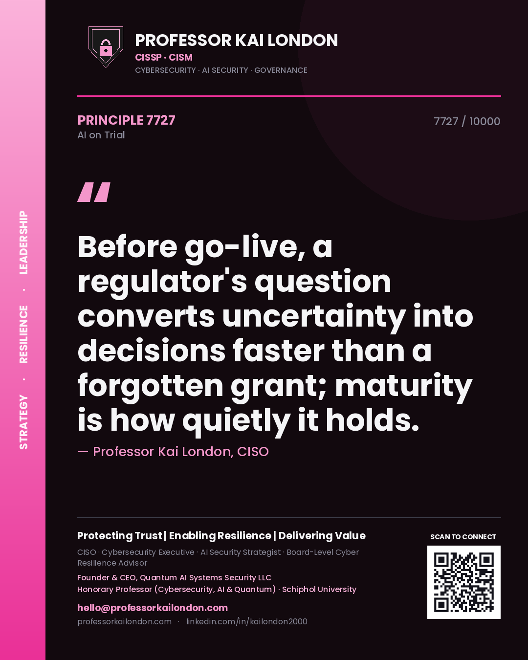 Quote card by Professor Kai London reading 'Before go-live, a regulator's question converts uncertainty into decisions faster than a forgotten grant; maturity is how quietly it holds.'. From the book AI on Trial.