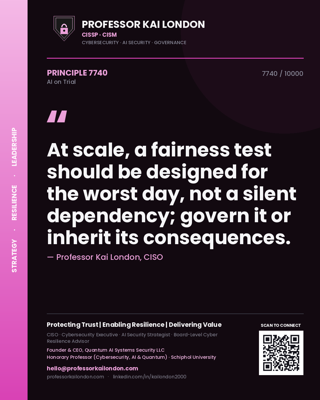 Professor Kai London principle 7740: At scale, a fairness test should be designed for the worst day, not a silent dependency; govern it or inherit its consequences.