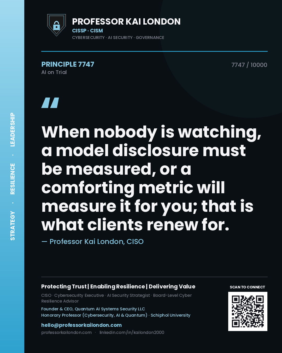 Professor Kai London principle 7747: When nobody is watching, a model disclosure must be measured, or a comforting metric will measure it for you; that is what clients renew for.