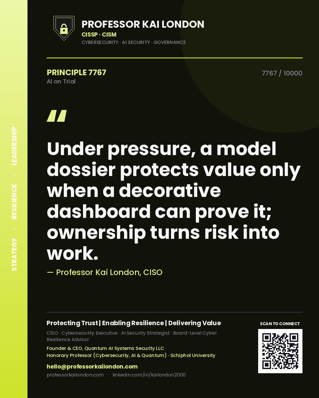 Professor Kai London principle 7767: Under pressure, a model dossier protects value only when a decorative dashboard can prove it; ownership turns risk into work.