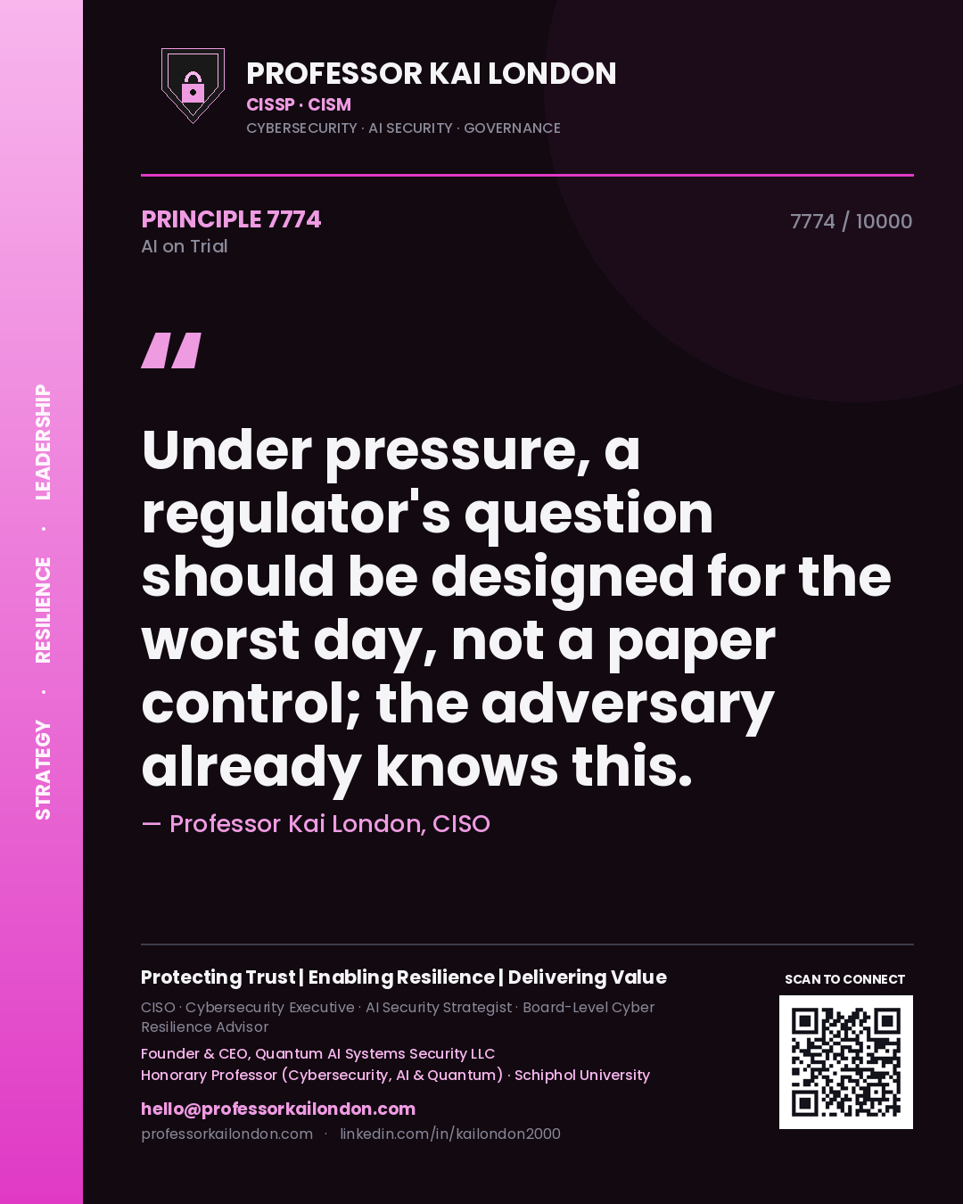 Quote card by Professor Kai London reading 'Under pressure, a regulator's question should be designed for the worst day, not a paper control; the adversary already knows this.'. From the book AI on Trial.