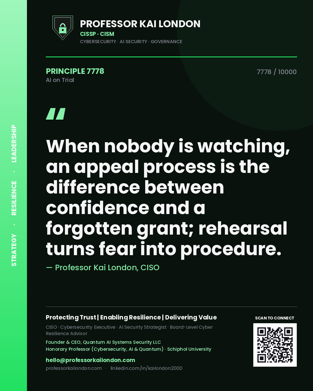 Professor Kai London principle 7778: When nobody is watching, an appeal process is the difference between confidence and a forgotten grant; rehearsal turns fear into procedure.