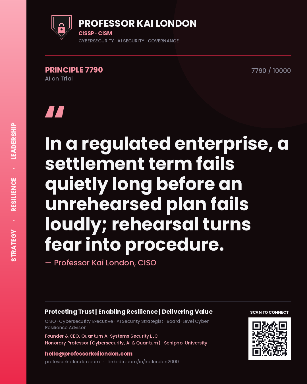 Professor Kai London principle 7790: In a regulated enterprise, a settlement term fails quietly long before an unrehearsed plan fails loudly; rehearsal turns fear into procedure.