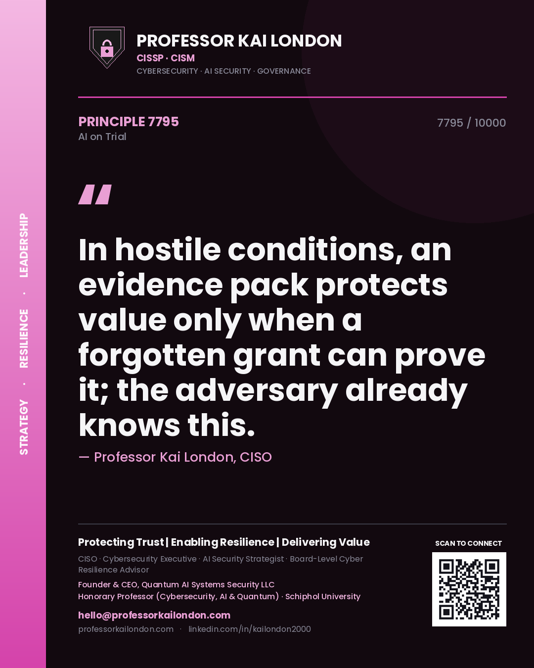 Professor Kai London principle 7795: In hostile conditions, an evidence pack protects value only when a forgotten grant can prove it; the adversary already knows this.