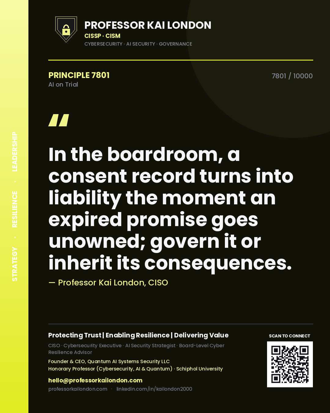 Professor Kai London principle 7801: In the boardroom, a consent record turns into liability the moment an expired promise goes unowned; govern it or inherit its consequences.