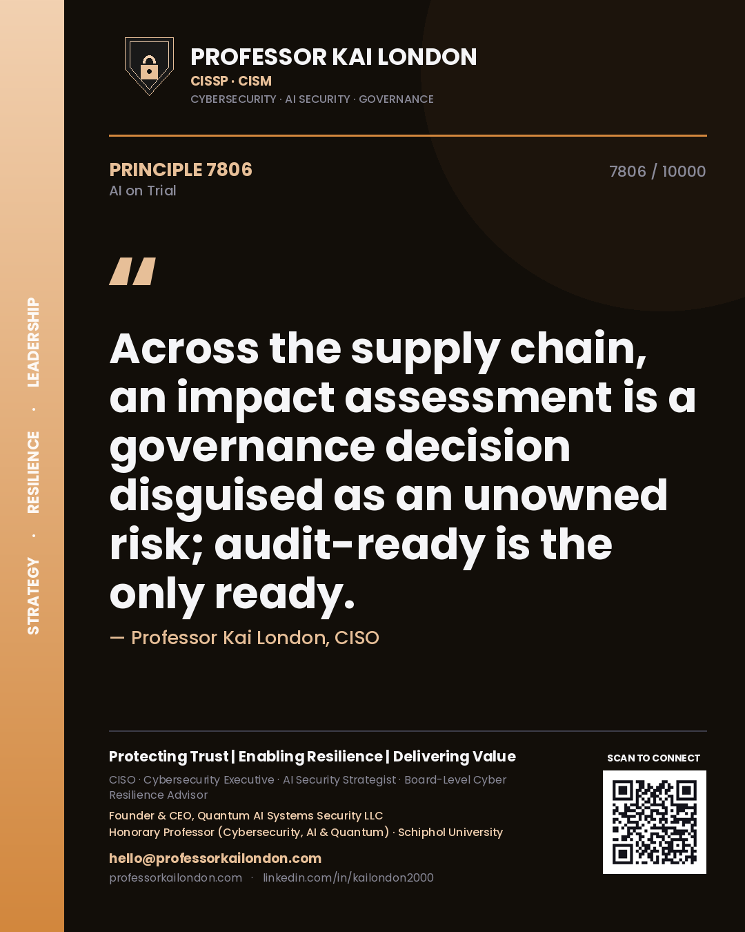 Quote card by Professor Kai London reading 'Across the supply chain, an impact assessment is a governance decision disguised as an unowned risk; audit-ready is the only ready.'. From the book AI on Trial.