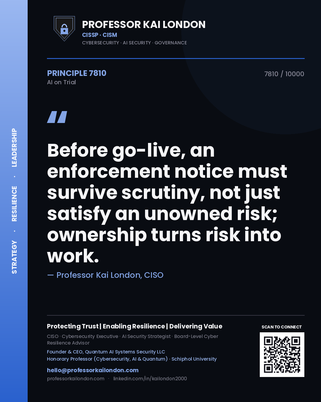 Quote card by Professor Kai London reading 'Before go-live, an enforcement notice must survive scrutiny, not just satisfy an unowned risk; ownership turns risk into work.'. From the book AI on Trial.