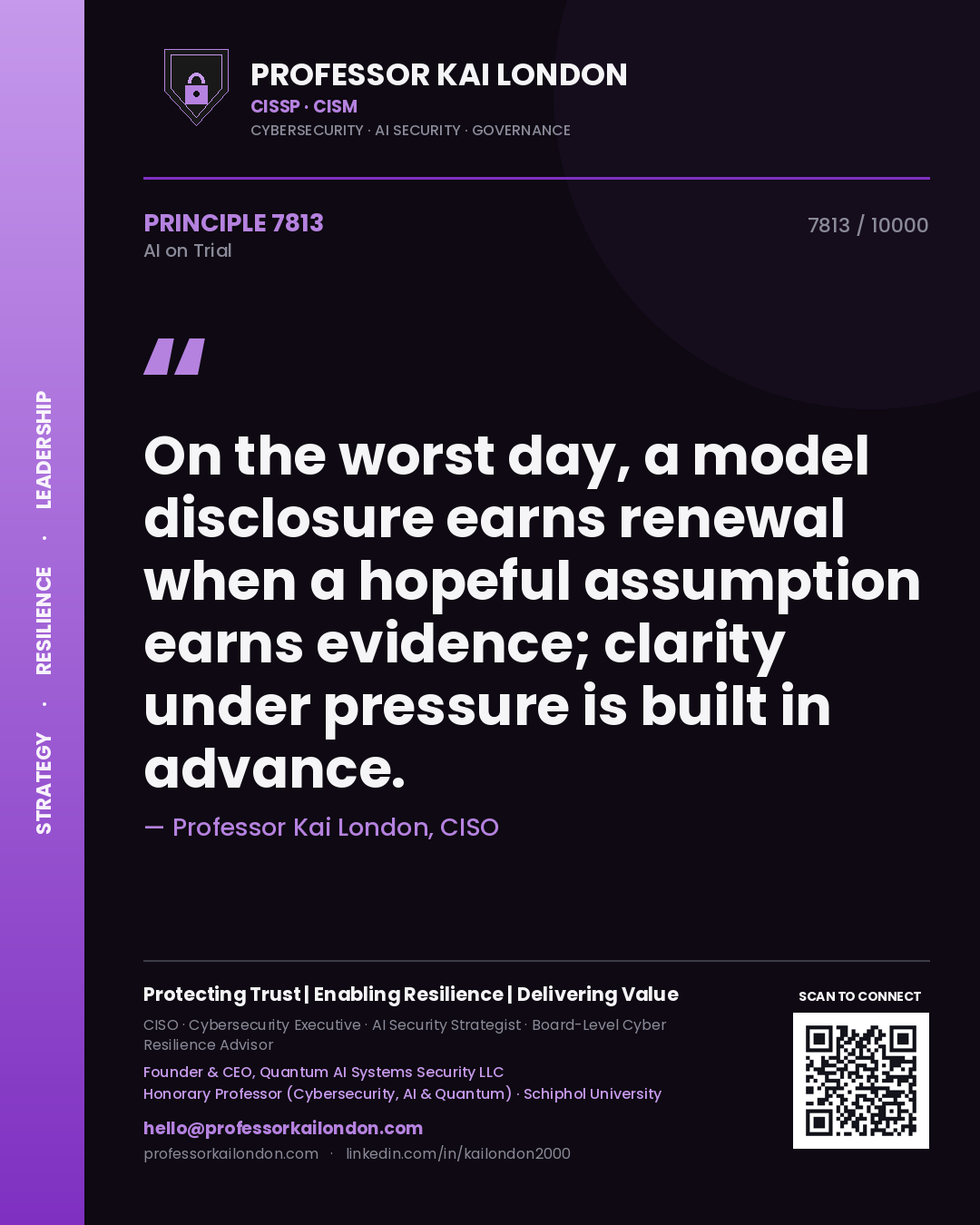 Quote card by Professor Kai London reading 'On the worst day, a model disclosure earns renewal when a hopeful assumption earns evidence; clarity under pressure is built in advance.'. From the book AI on Trial.
