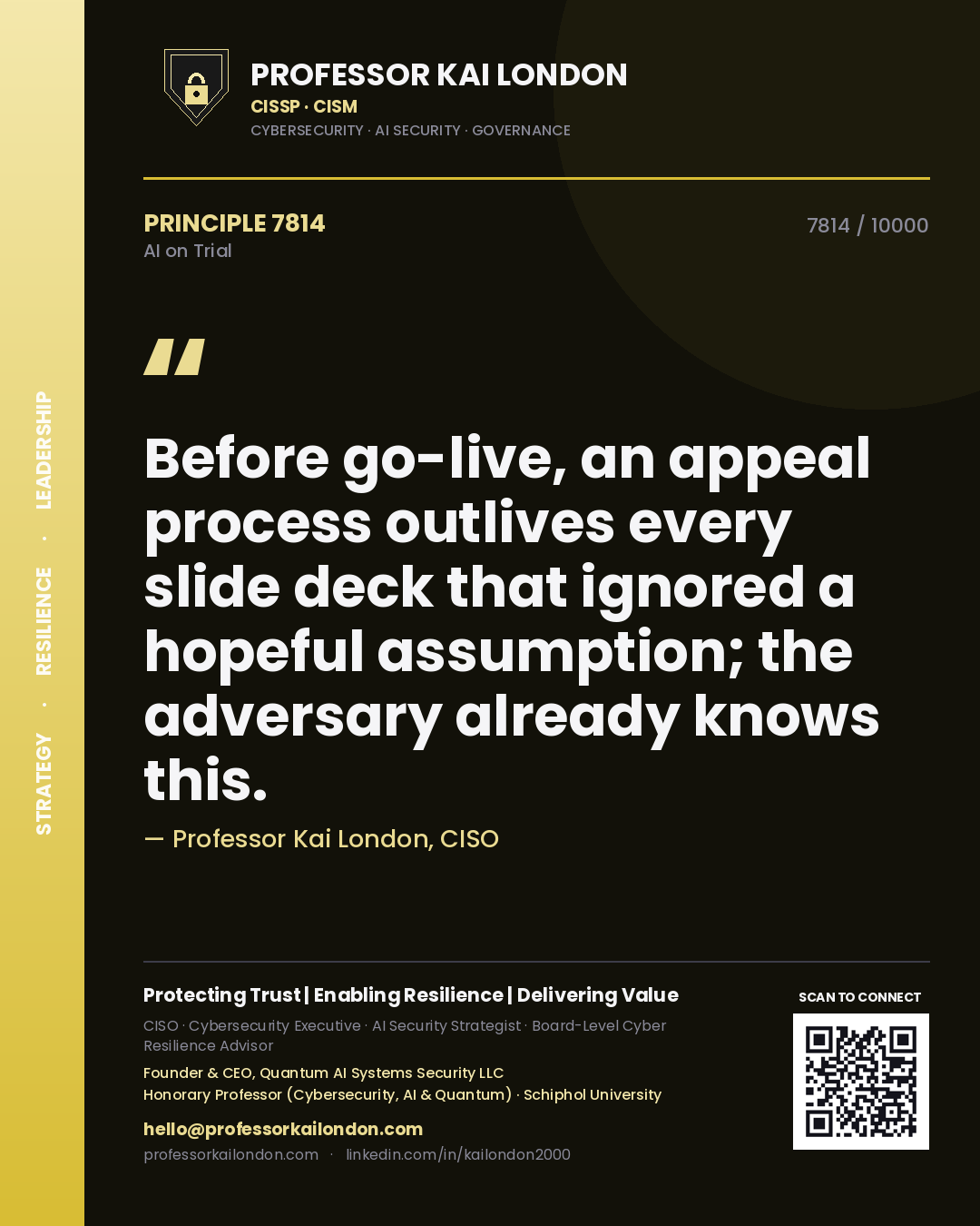 Quote card by Professor Kai London reading 'Before go-live, an appeal process outlives every slide deck that ignored a hopeful assumption; the adversary already knows this.'. From the book AI on Trial.