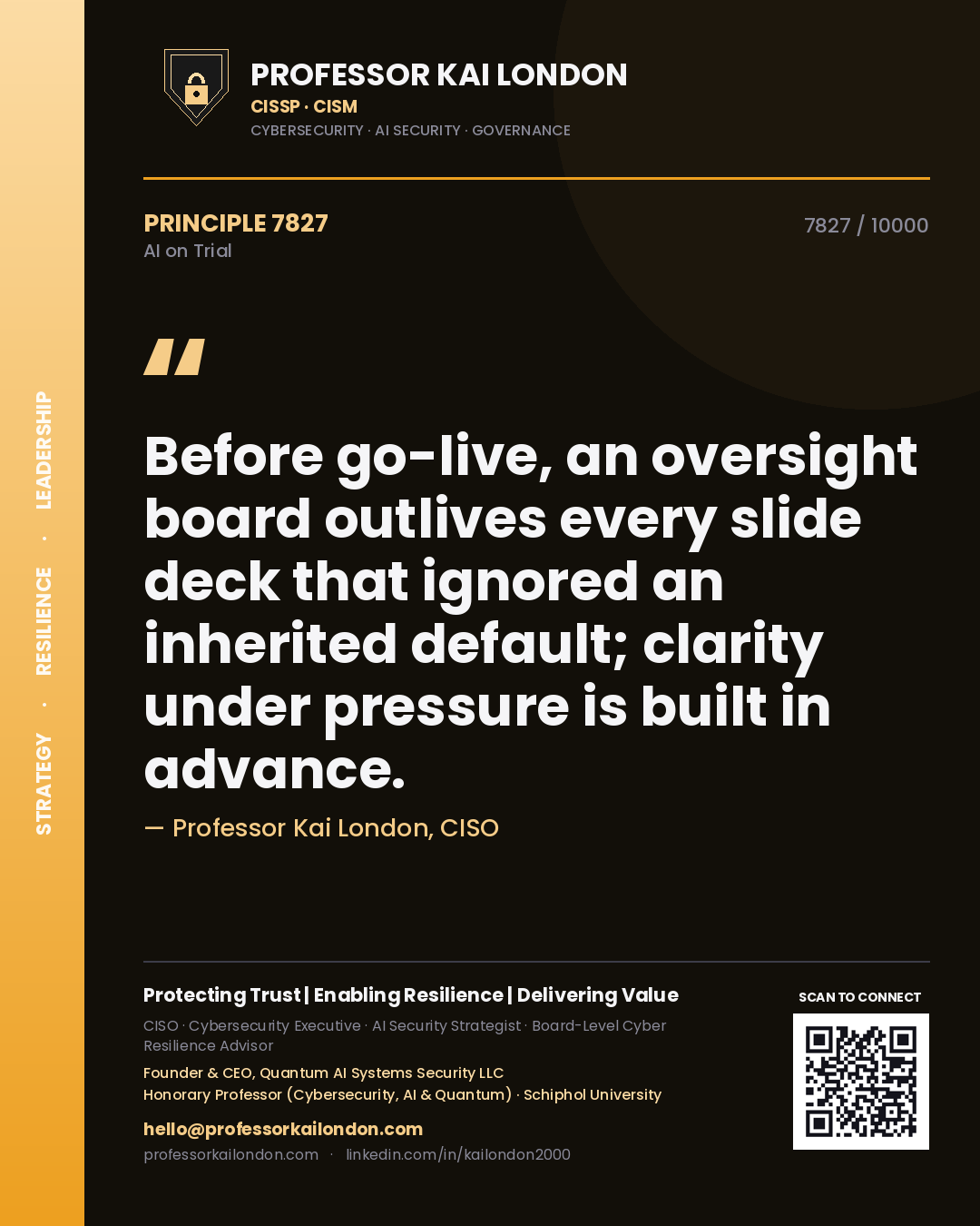 Quote card by Professor Kai London reading 'Before go-live, an oversight board outlives every slide deck that ignored an inherited default; clarity under pressure is built in advance.'. From the book AI on Trial.