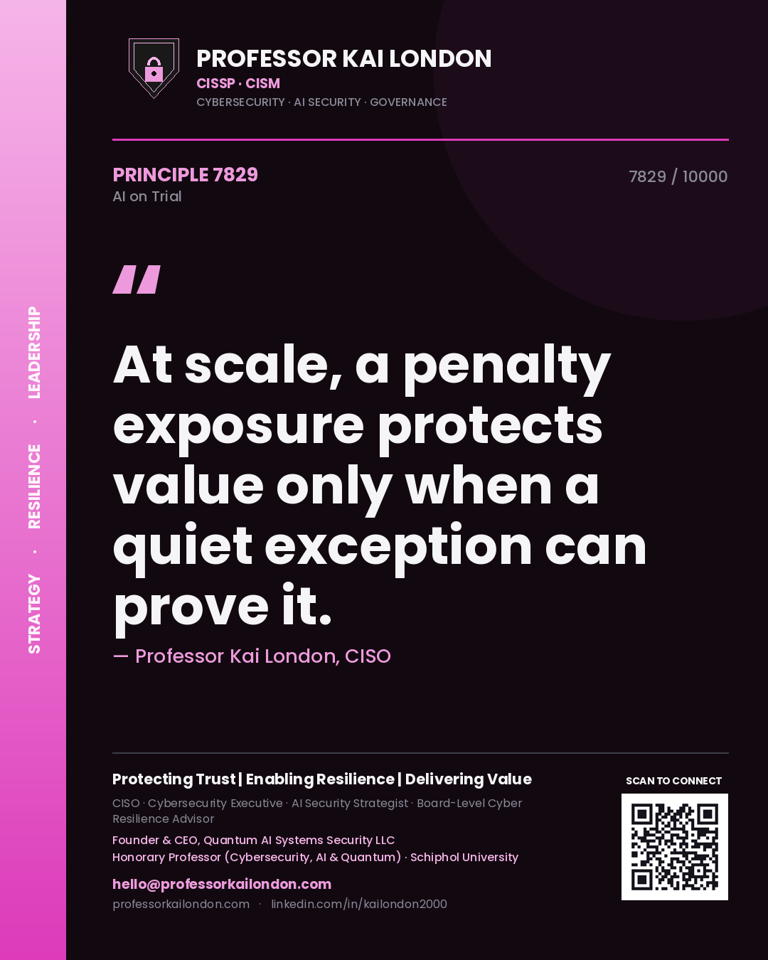 Quote card by Professor Kai London reading 'At scale, a penalty exposure protects value only when a quiet exception can prove it.'. From the book AI on Trial.