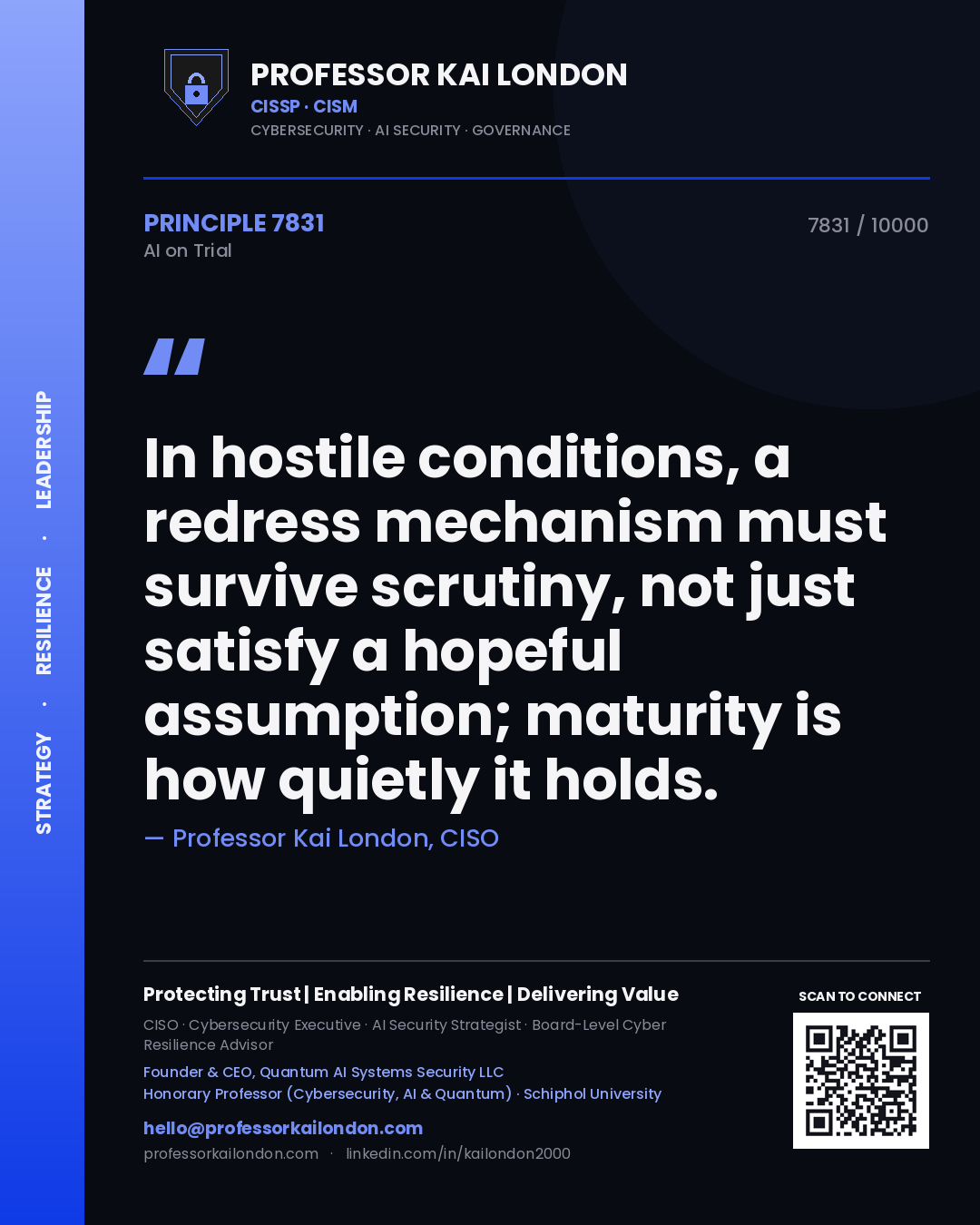 Quote card by Professor Kai London reading 'In hostile conditions, a redress mechanism must survive scrutiny, not just satisfy a hopeful assumption; maturity is how quietly it holds.'. From the book AI on Trial.