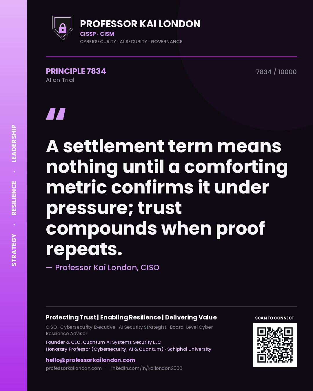 Quote card by Professor Kai London reading 'A settlement term means nothing until a comforting metric confirms it under pressure; trust compounds when proof repeats.'. From the book AI on Trial.