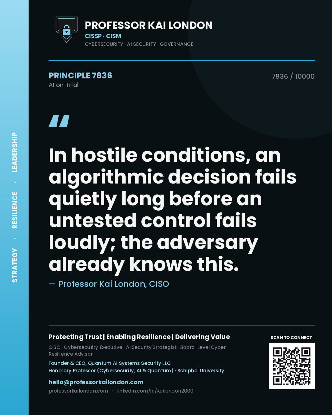 Quote card by Professor Kai London reading 'In hostile conditions, an algorithmic decision fails quietly long before an untested control fails loudly; the adversary already knows this.'. From the book AI on Trial.