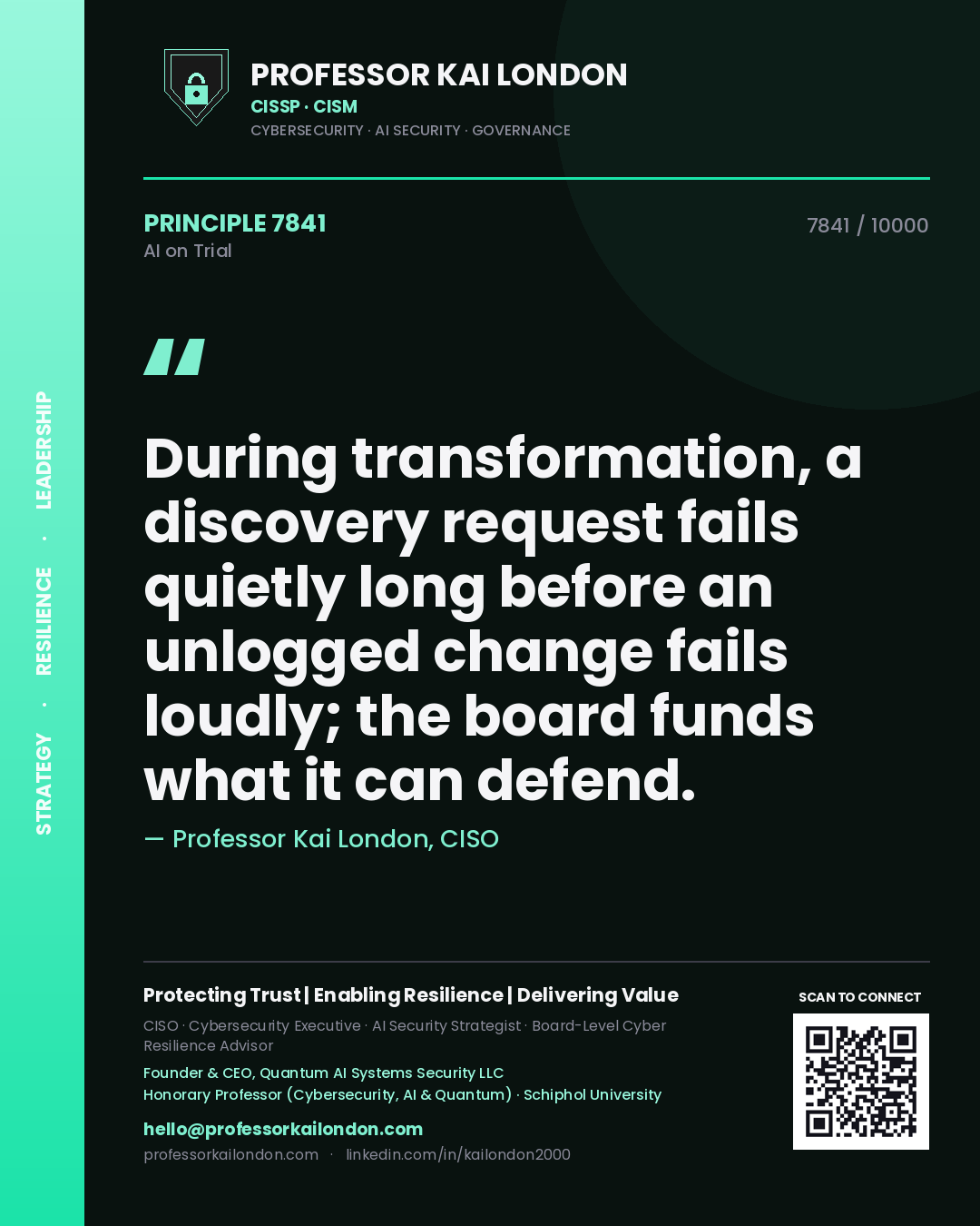 Professor Kai London principle 7841: During transformation, a discovery request fails quietly long before an unlogged change fails loudly; the board funds what it can defend.