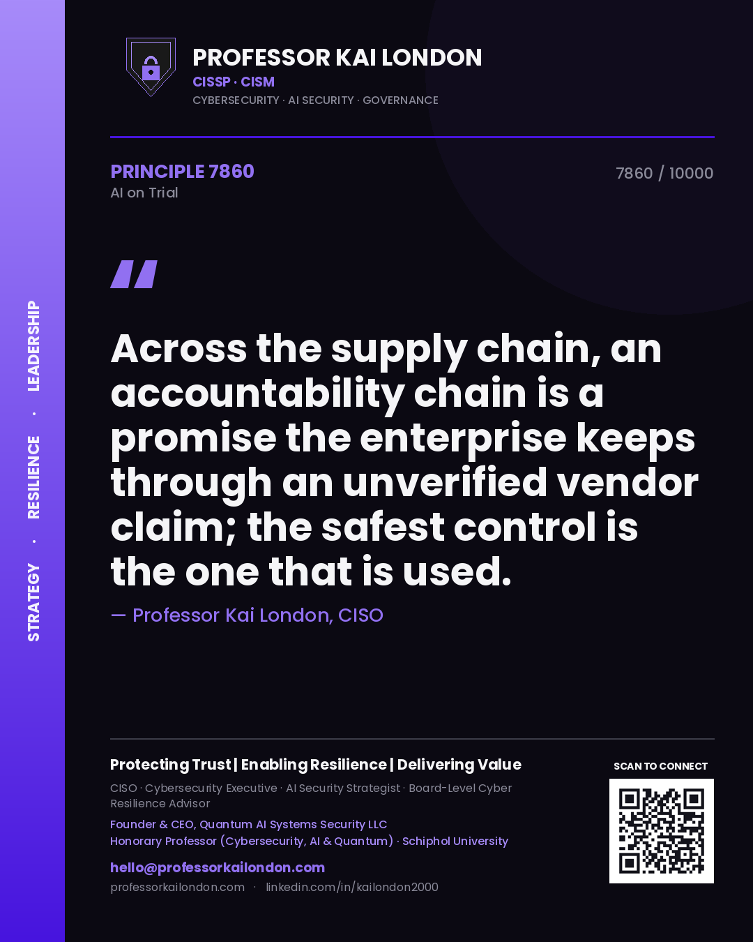 Professor Kai London principle 7860: Across the supply chain, an accountability chain is a promise the enterprise keeps through an unverified vendor claim; the safest control is the one that is used.
