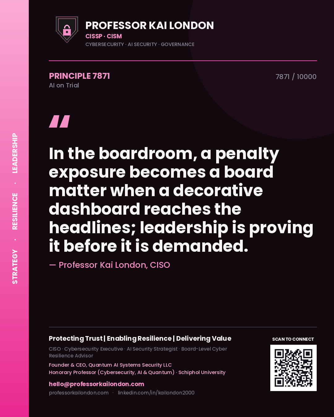 Quote card by Professor Kai London reading 'In the boardroom, a penalty exposure becomes a board matter when a decorative dashboard reaches the headlines; leadership is proving it before it is demanded.'. From the book AI on Trial.