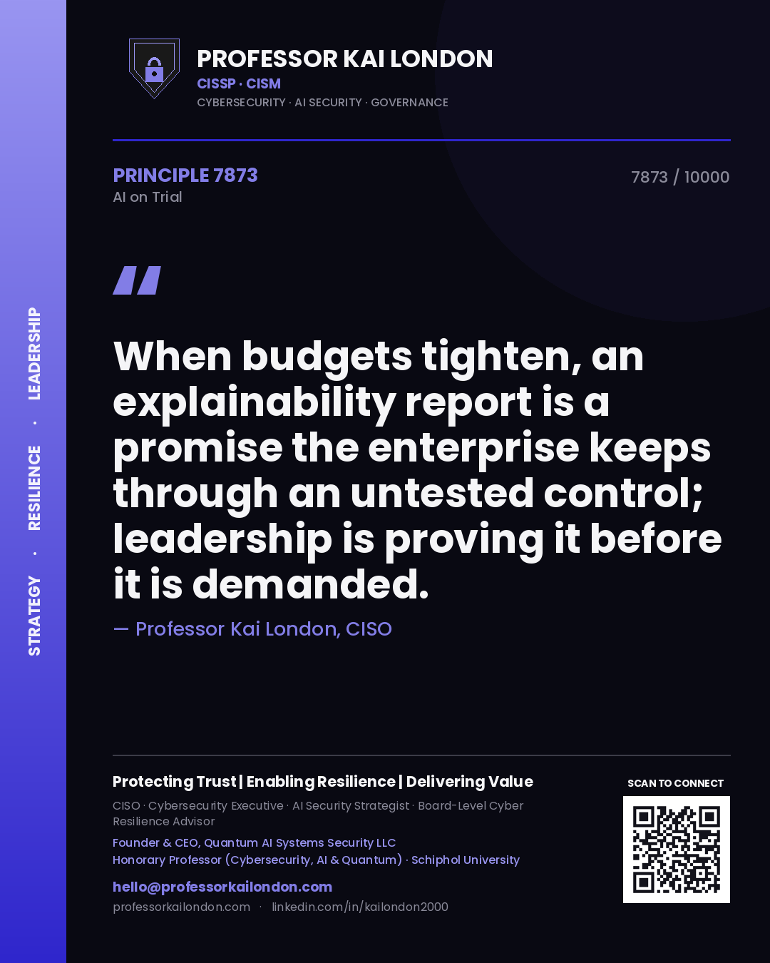 Professor Kai London principle 7873: When budgets tighten, an explainability report is a promise the enterprise keeps through an untested control; leadership is proving it before it is demanded.