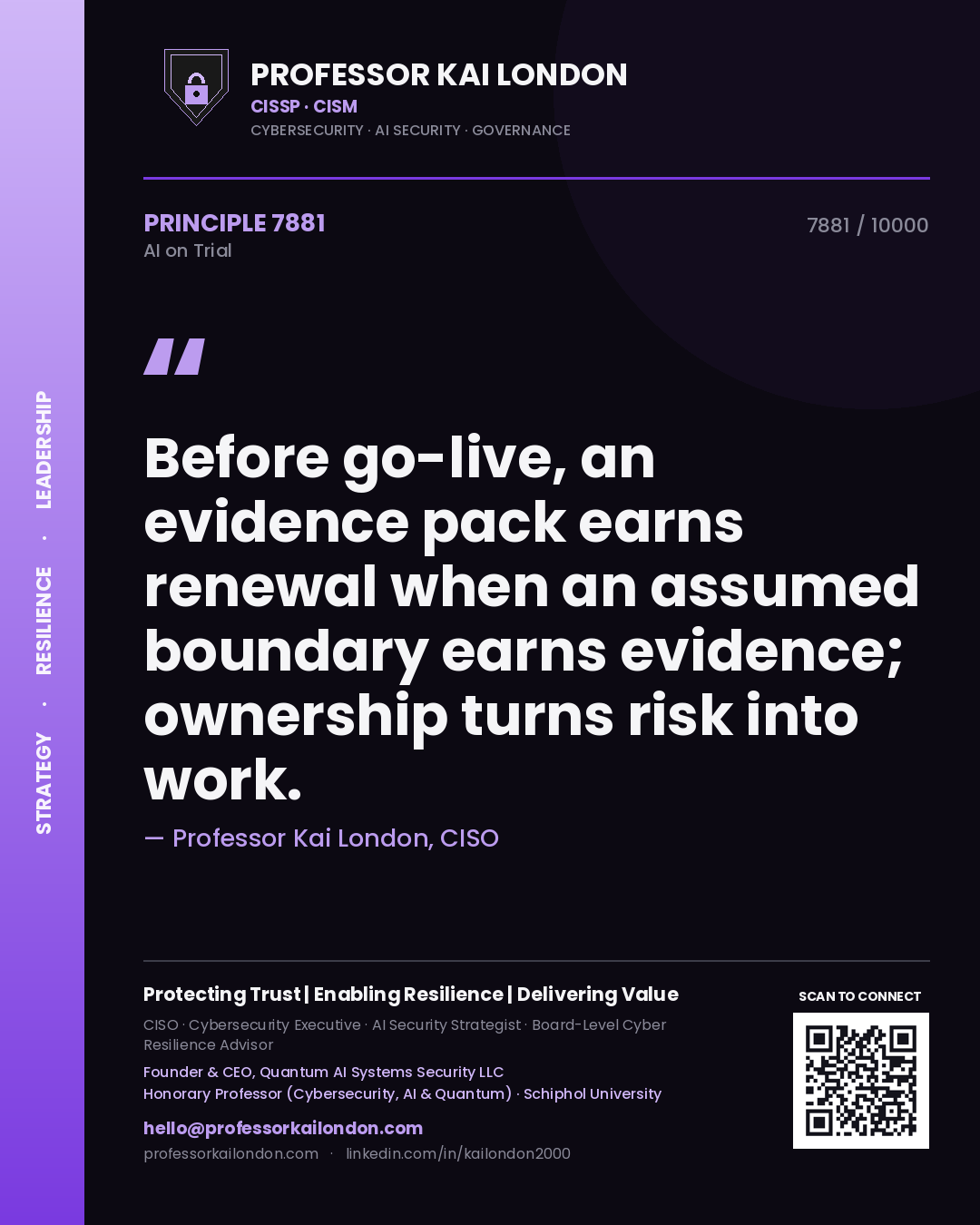 Professor Kai London principle 7881: Before go-live, an evidence pack earns renewal when an assumed boundary earns evidence; ownership turns risk into work.