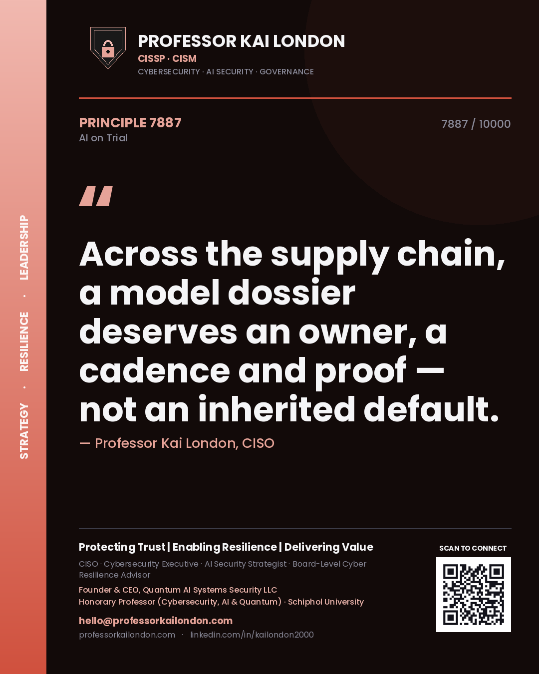 Quote card by Professor Kai London reading 'Across the supply chain, a model dossier deserves an owner, a cadence and proof — not an inherited default.'. From the book AI on Trial.