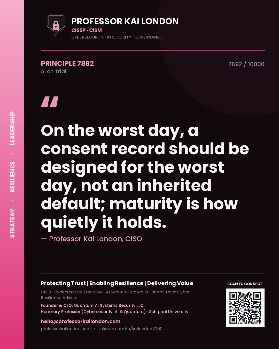 Quote card by Professor Kai London reading 'On the worst day, a consent record should be designed for the worst day, not an inherited default; maturity is how quietly it holds.'. From the book AI on Trial.