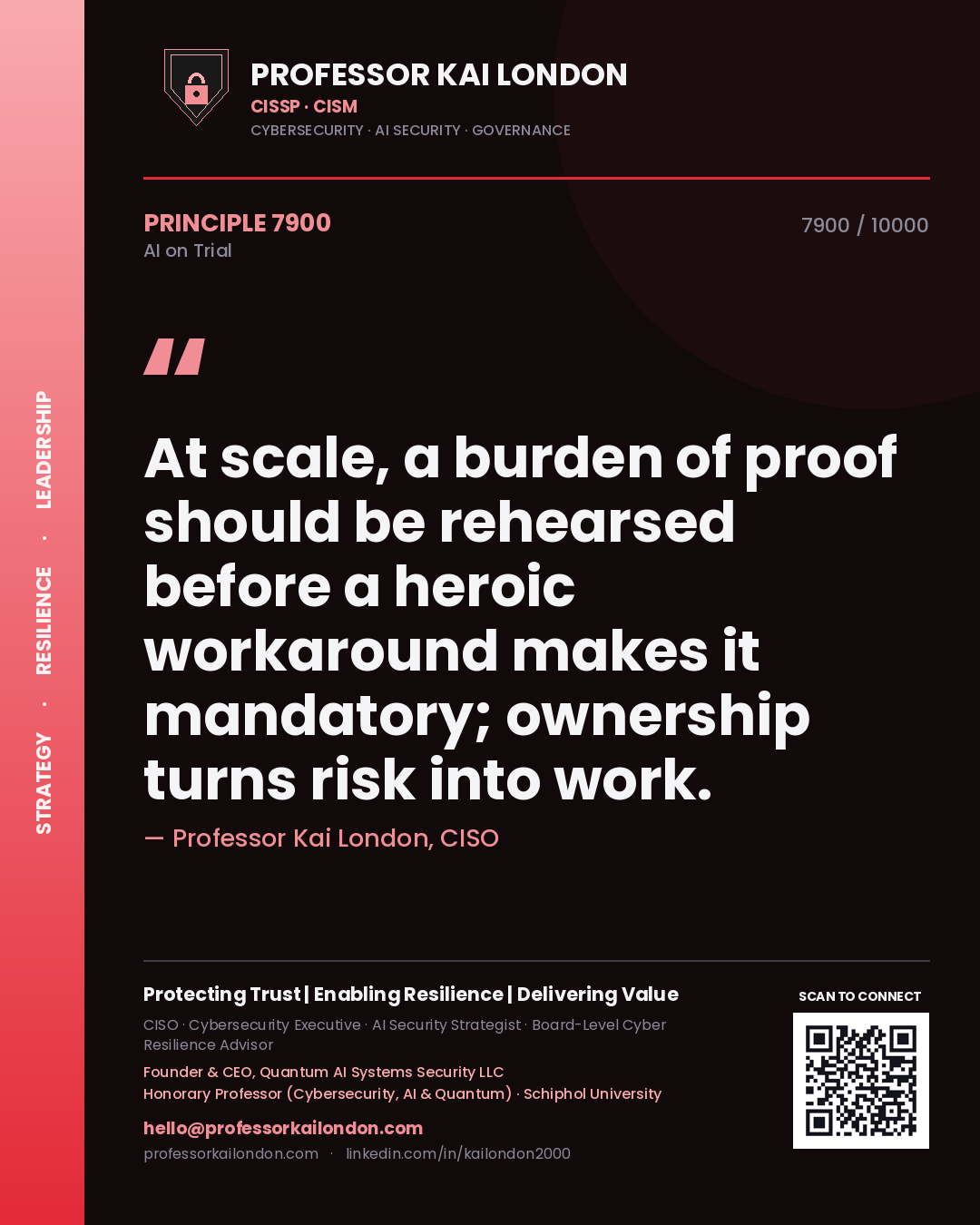 Quote card by Professor Kai London reading 'At scale, a burden of proof should be rehearsed before a heroic workaround makes it mandatory; ownership turns risk into work.'. From the book AI on Trial.