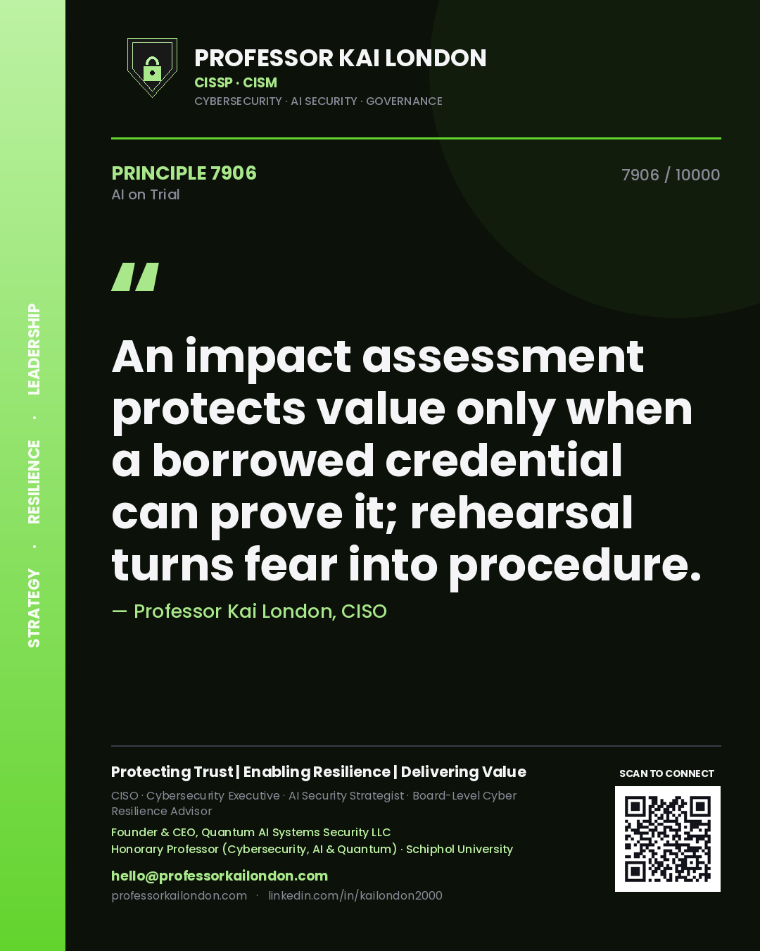Professor Kai London principle 7906: An impact assessment protects value only when a borrowed credential can prove it; rehearsal turns fear into procedure.
