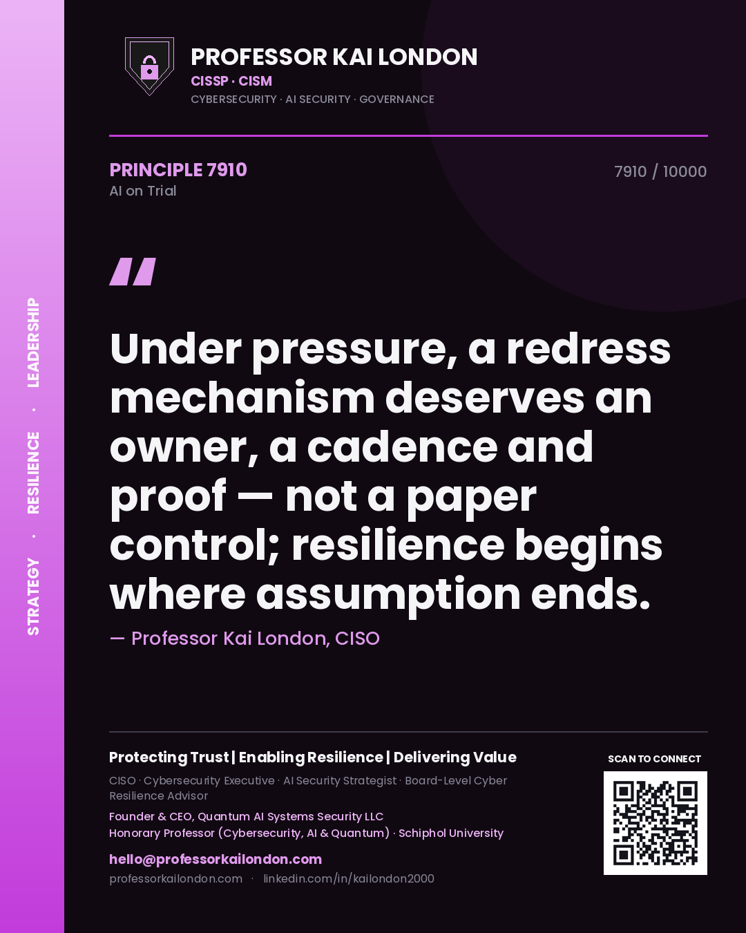 Quote card by Professor Kai London reading 'Under pressure, a redress mechanism deserves an owner, a cadence and proof — not a paper control; resilience begins where assumption ends.'. From the book AI on Trial.