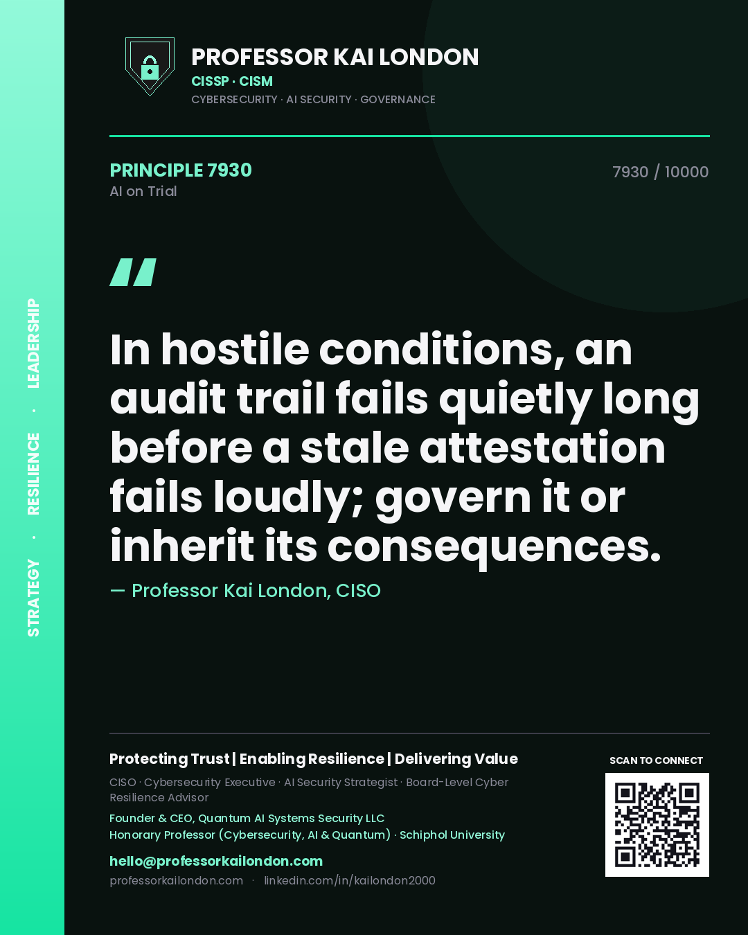 Quote card by Professor Kai London reading 'In hostile conditions, an audit trail fails quietly long before a stale attestation fails loudly; govern it or inherit its consequences.'. From the book AI on Trial.