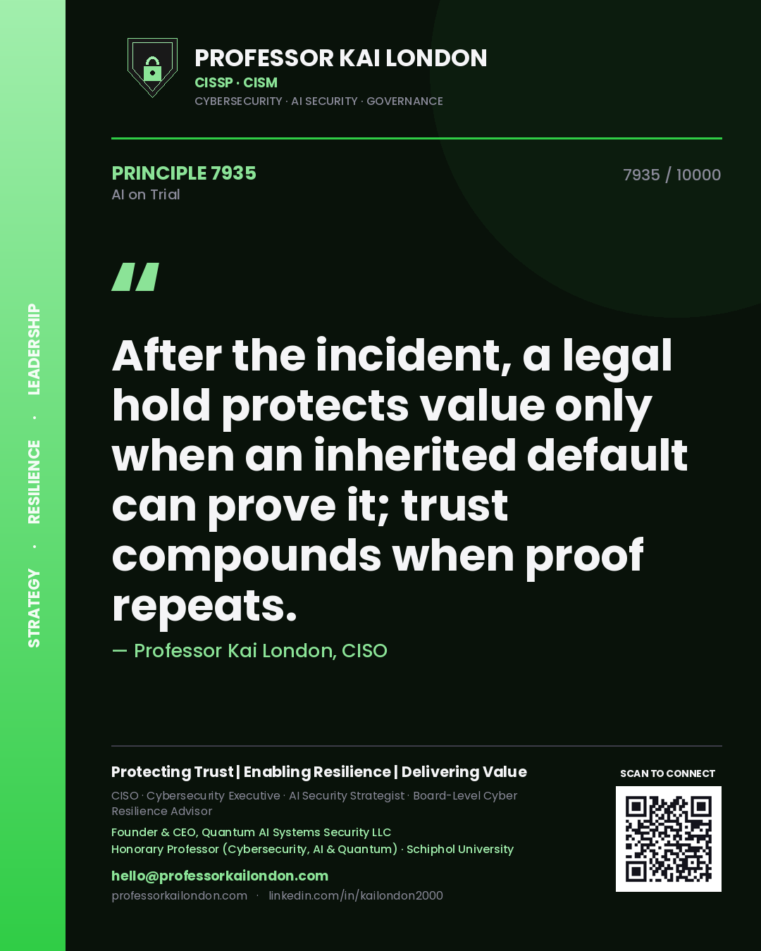 Quote card by Professor Kai London reading 'After the incident, a legal hold protects value only when an inherited default can prove it; trust compounds when proof repeats.'. From the book AI on Trial.