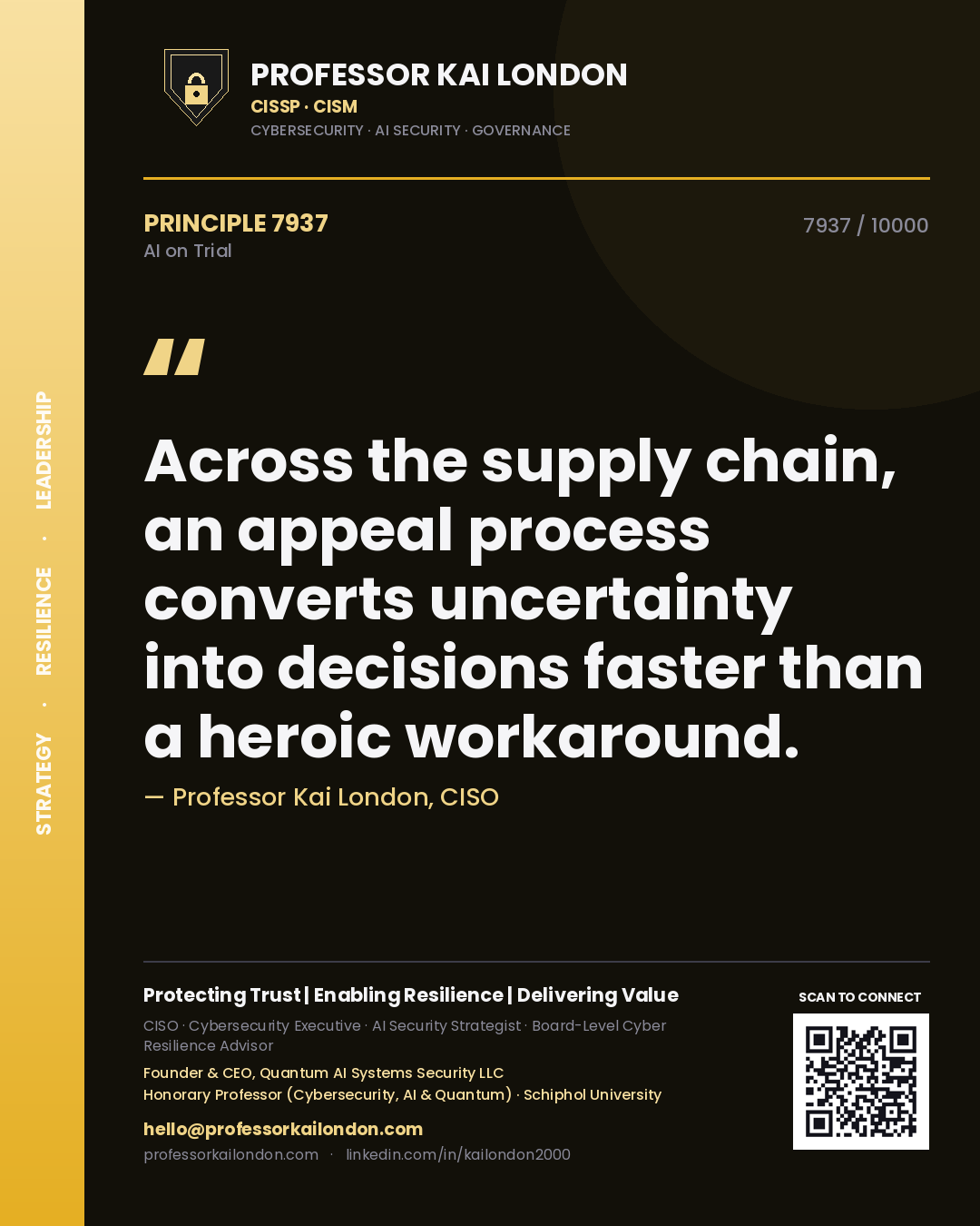 Quote card by Professor Kai London reading 'Across the supply chain, an appeal process converts uncertainty into decisions faster than a heroic workaround.'. From the book AI on Trial.