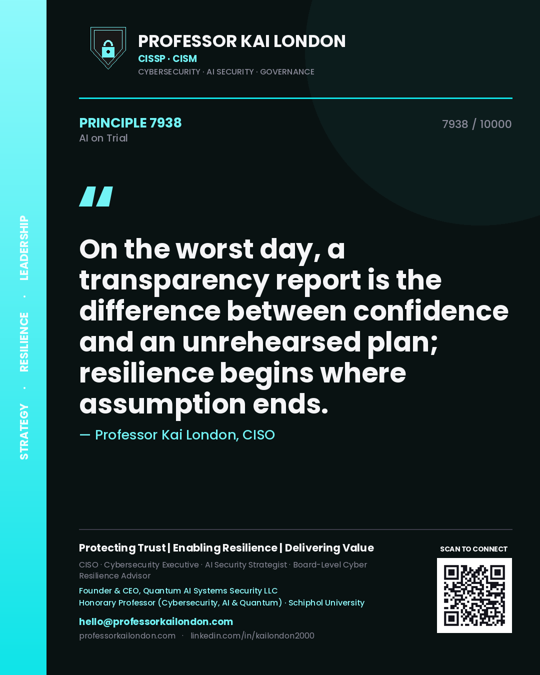 Quote card by Professor Kai London reading 'On the worst day, a transparency report is the difference between confidence and an unrehearsed plan; resilience begins where assumption ends.'. From the book AI on Trial.