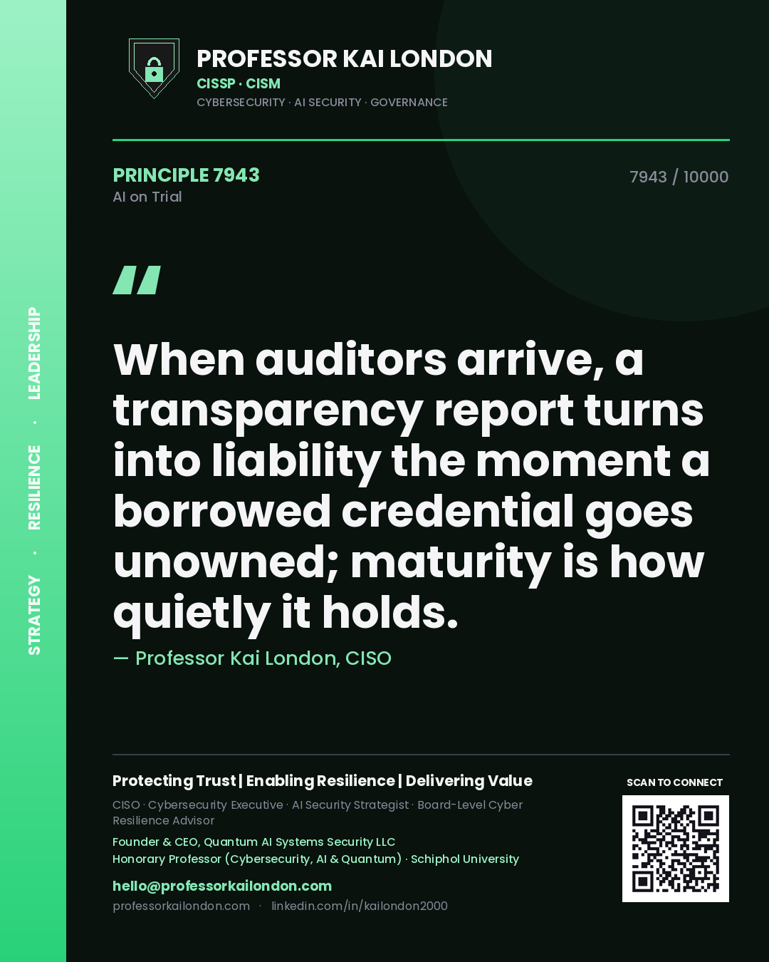 Quote card by Professor Kai London reading 'When auditors arrive, a transparency report turns into liability the moment a borrowed credential goes unowned; maturity is how quietly it holds.'. From the book AI on Trial.