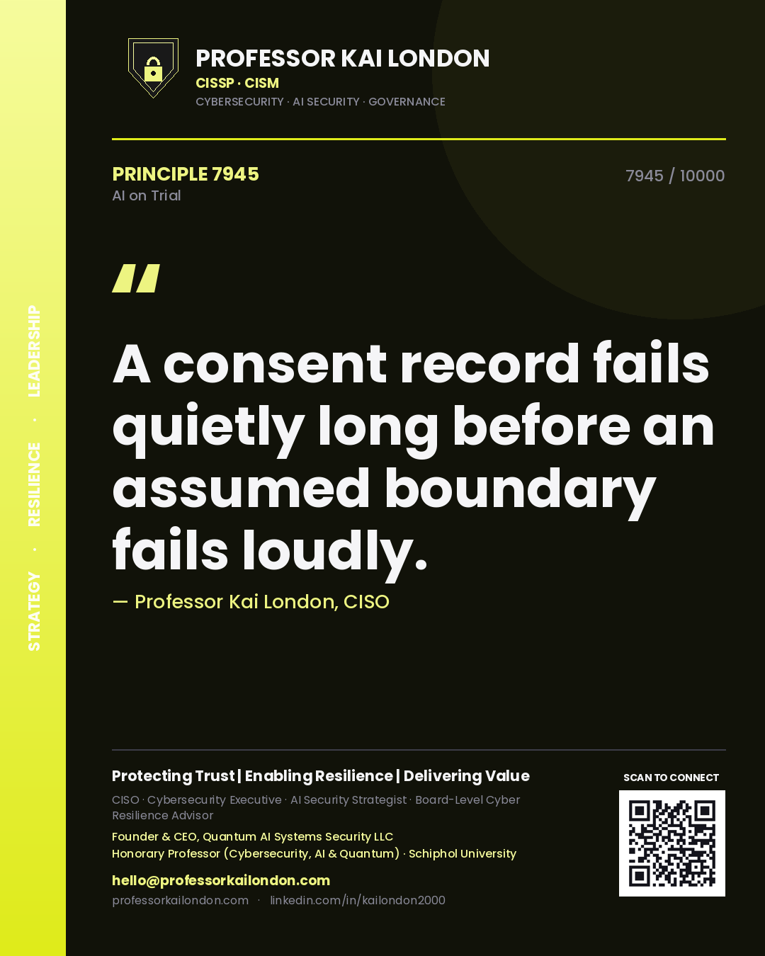 Quote card by Professor Kai London reading 'A consent record fails quietly long before an assumed boundary fails loudly.'. From the book AI on Trial.