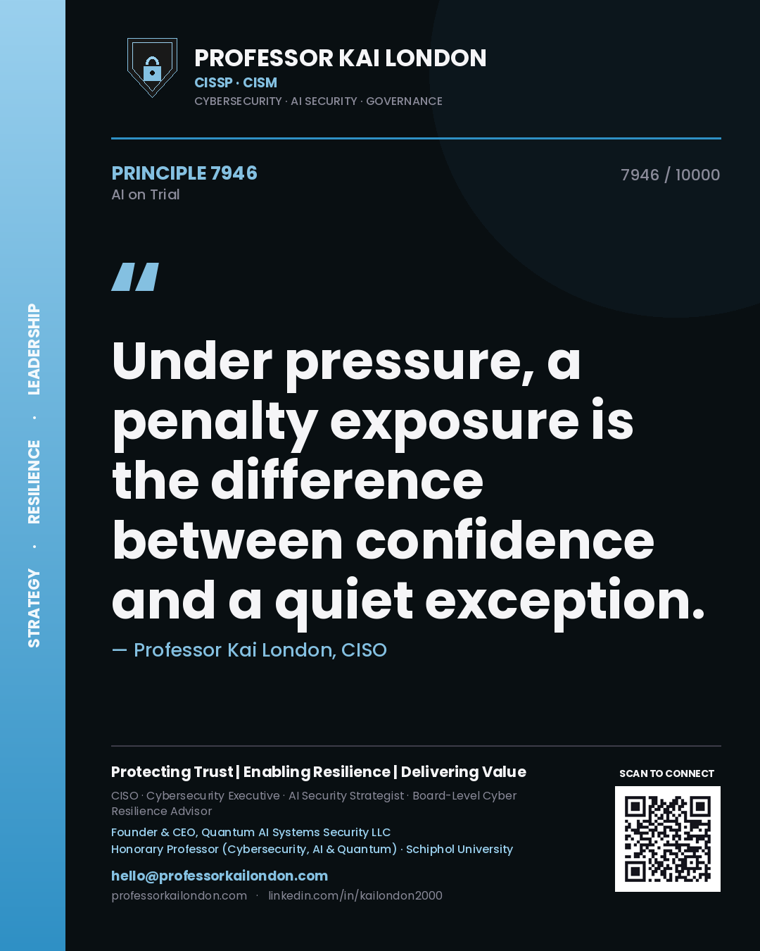 Quote card by Professor Kai London reading 'Under pressure, a penalty exposure is the difference between confidence and a quiet exception.'. From the book AI on Trial.
