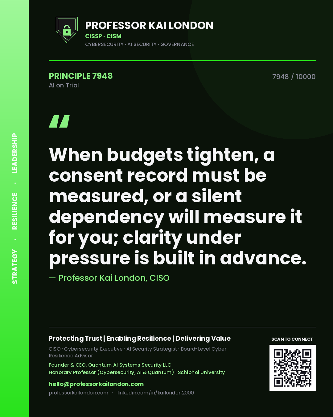 Quote card by Professor Kai London reading 'When budgets tighten, a consent record must be measured, or a silent dependency will measure it for you; clarity under pressure is built in advance.'. From the book AI on Trial.