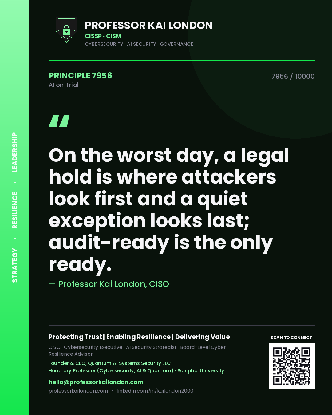 Quote card by Professor Kai London reading 'On the worst day, a legal hold is where attackers look first and a quiet exception looks last; audit-ready is the only ready.'. From the book AI on Trial.