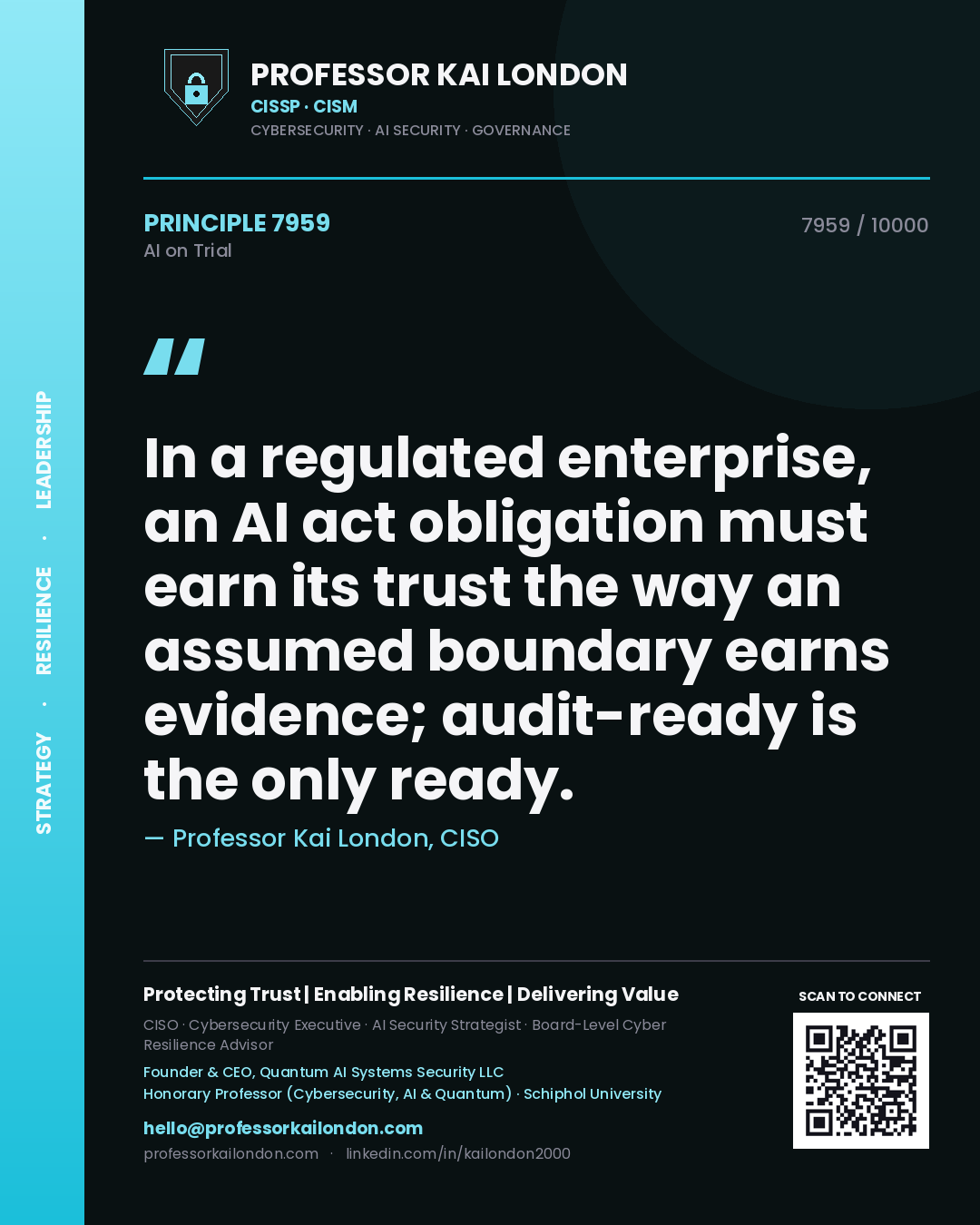 Quote card by Professor Kai London reading 'In a regulated enterprise, an AI act obligation must earn its trust the way an assumed boundary earns evidence; audit-ready is the only ready.'. From the book AI on Trial.