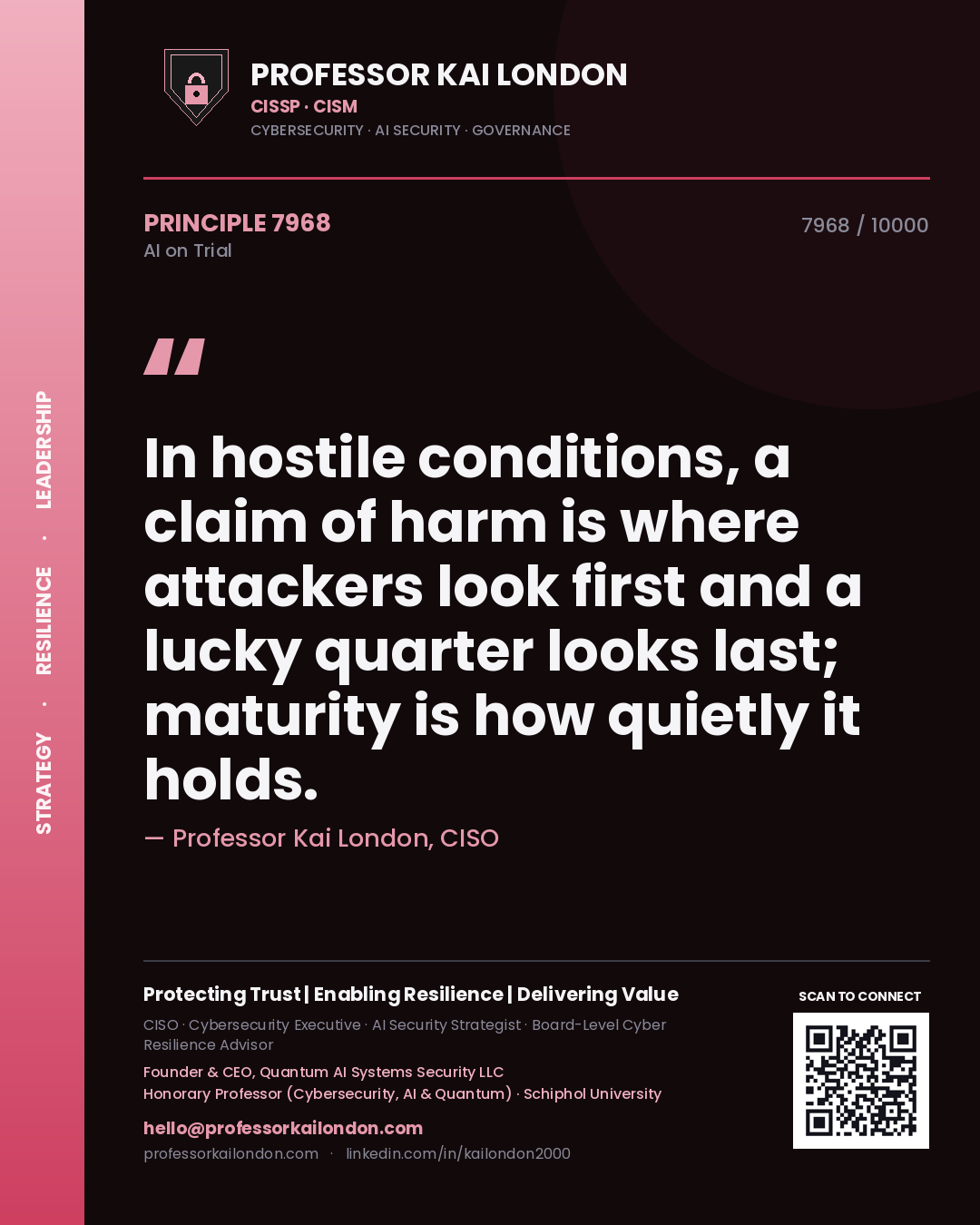Quote card by Professor Kai London reading 'In hostile conditions, a claim of harm is where attackers look first and a lucky quarter looks last; maturity is how quietly it holds.'. From the book AI on Trial.