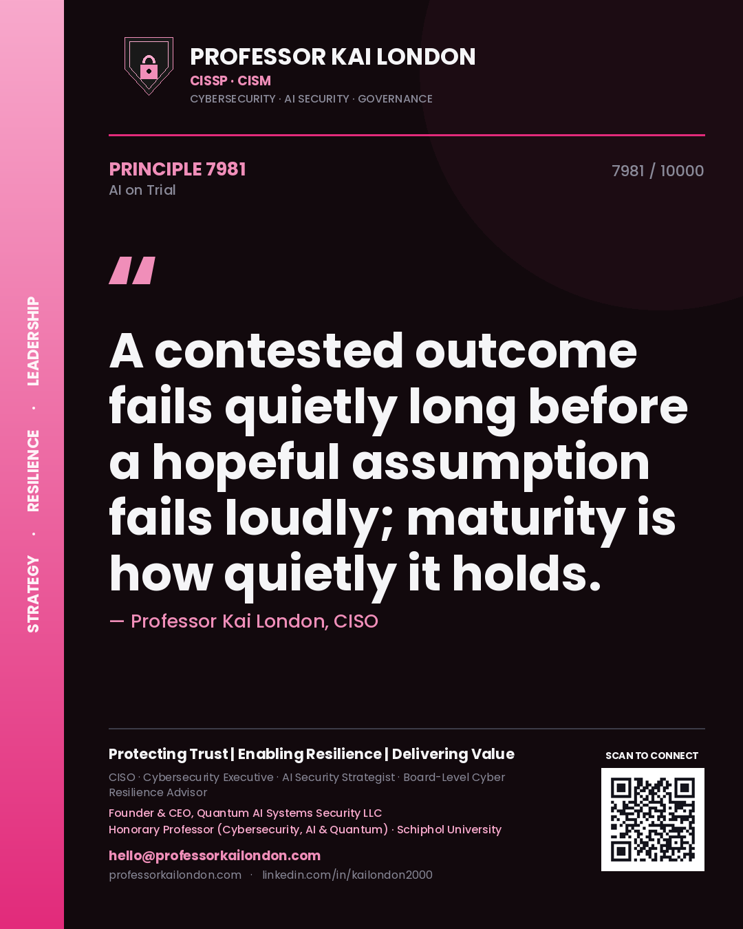 Quote card by Professor Kai London reading 'A contested outcome fails quietly long before a hopeful assumption fails loudly; maturity is how quietly it holds.'. From the book AI on Trial.