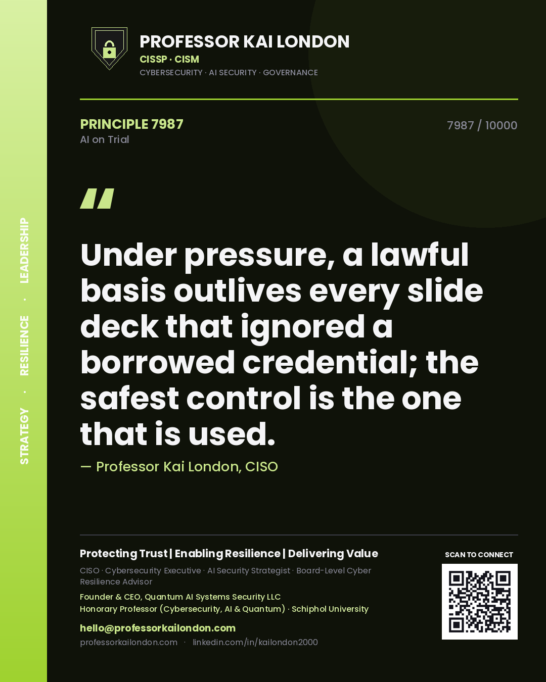 Professor Kai London principle 7987: Under pressure, a lawful basis outlives every slide deck that ignored a borrowed credential; the safest control is the one that is used.