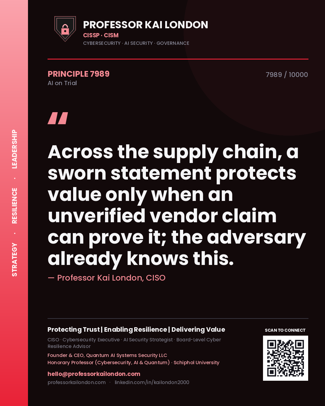 Quote card by Professor Kai London reading 'Across the supply chain, a sworn statement protects value only when an unverified vendor claim can prove it; the adversary already knows this.'. From the book AI on Trial.