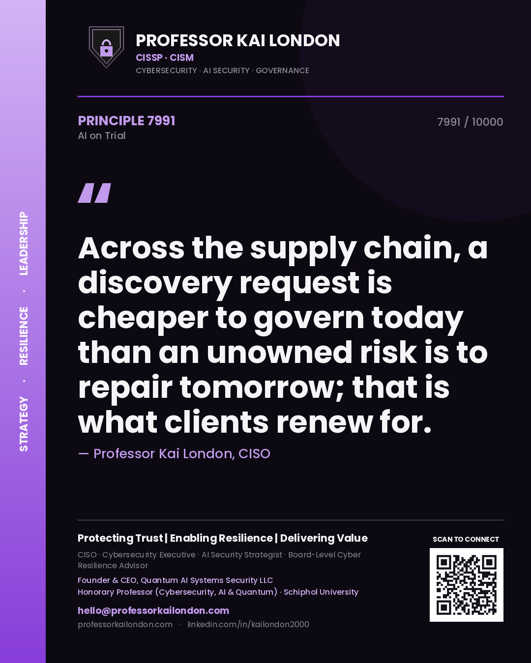 Quote card by Professor Kai London reading 'Across the supply chain, a discovery request is cheaper to govern today than an unowned risk is to repair tomorrow; that is what clients renew for.'. From the book AI on Trial.