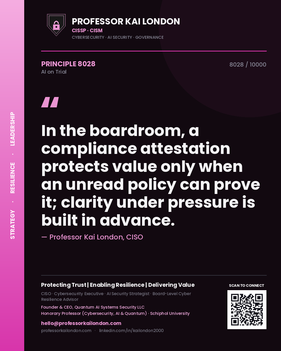Quote card by Professor Kai London reading 'In the boardroom, a compliance attestation protects value only when an unread policy can prove it; clarity under pressure is built in advance.'. From the book AI on Trial.