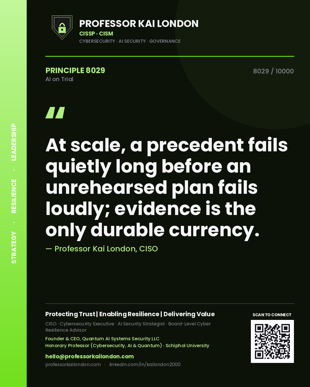 Professor Kai London principle 8029: At scale, a precedent fails quietly long before an unrehearsed plan fails loudly; evidence is the only durable currency.