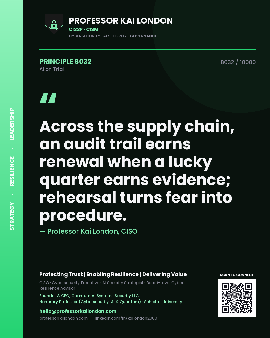 Professor Kai London principle 8032: Across the supply chain, an audit trail earns renewal when a lucky quarter earns evidence; rehearsal turns fear into procedure.