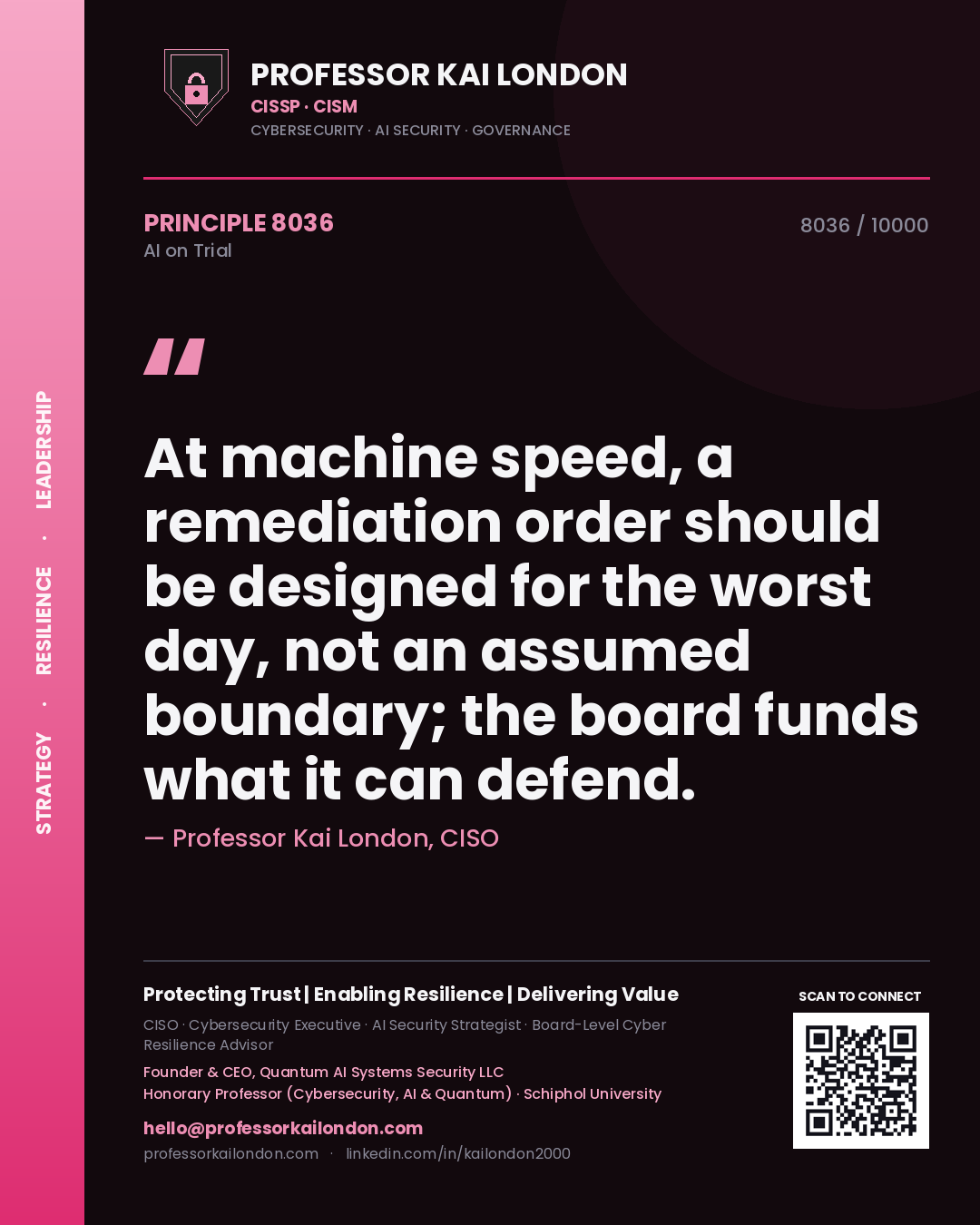 Professor Kai London principle 8036: At machine speed, a remediation order should be designed for the worst day, not an assumed boundary; the board funds what it can defend.