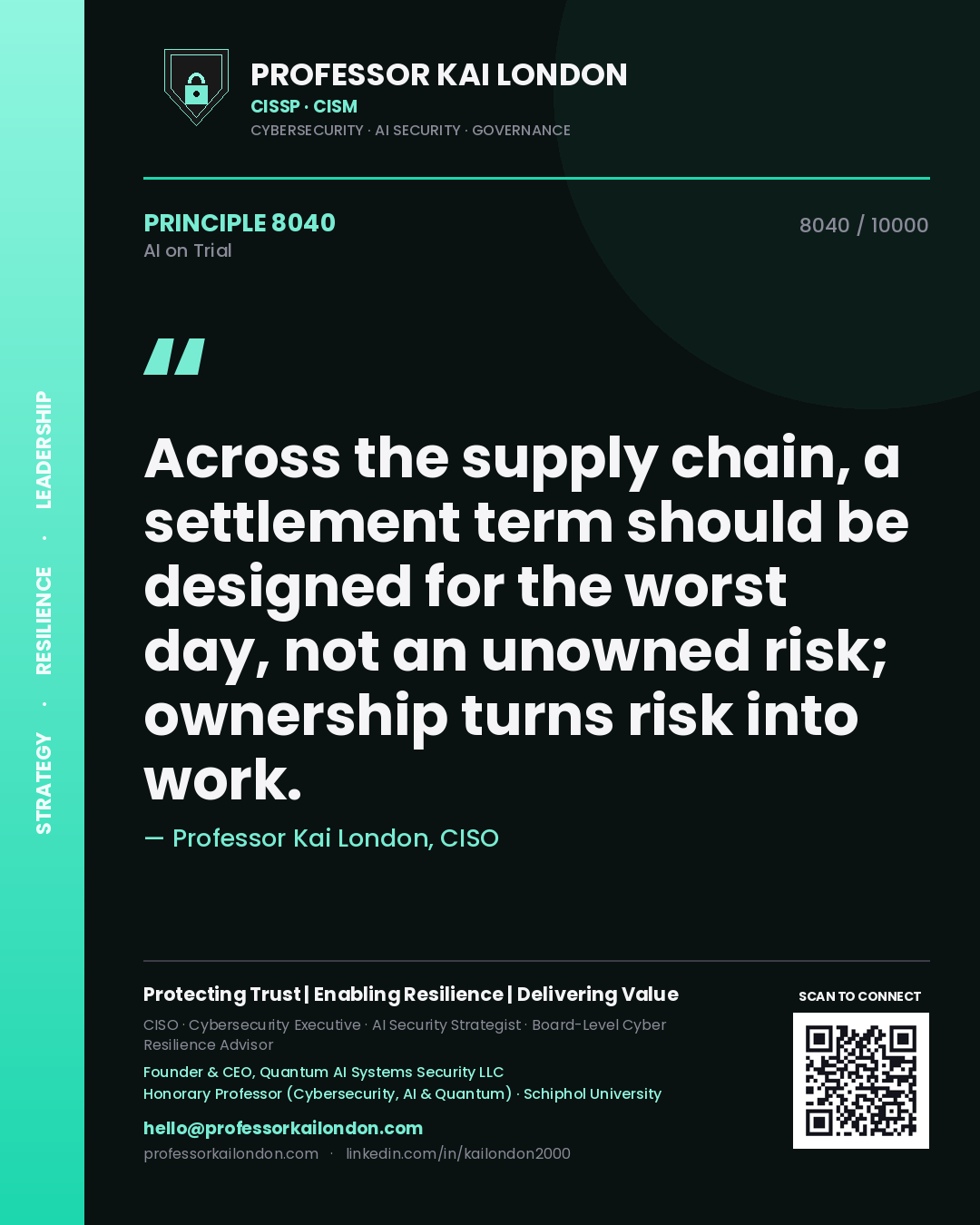 Professor Kai London principle 8040: Across the supply chain, a settlement term should be designed for the worst day, not an unowned risk; ownership turns risk into work.