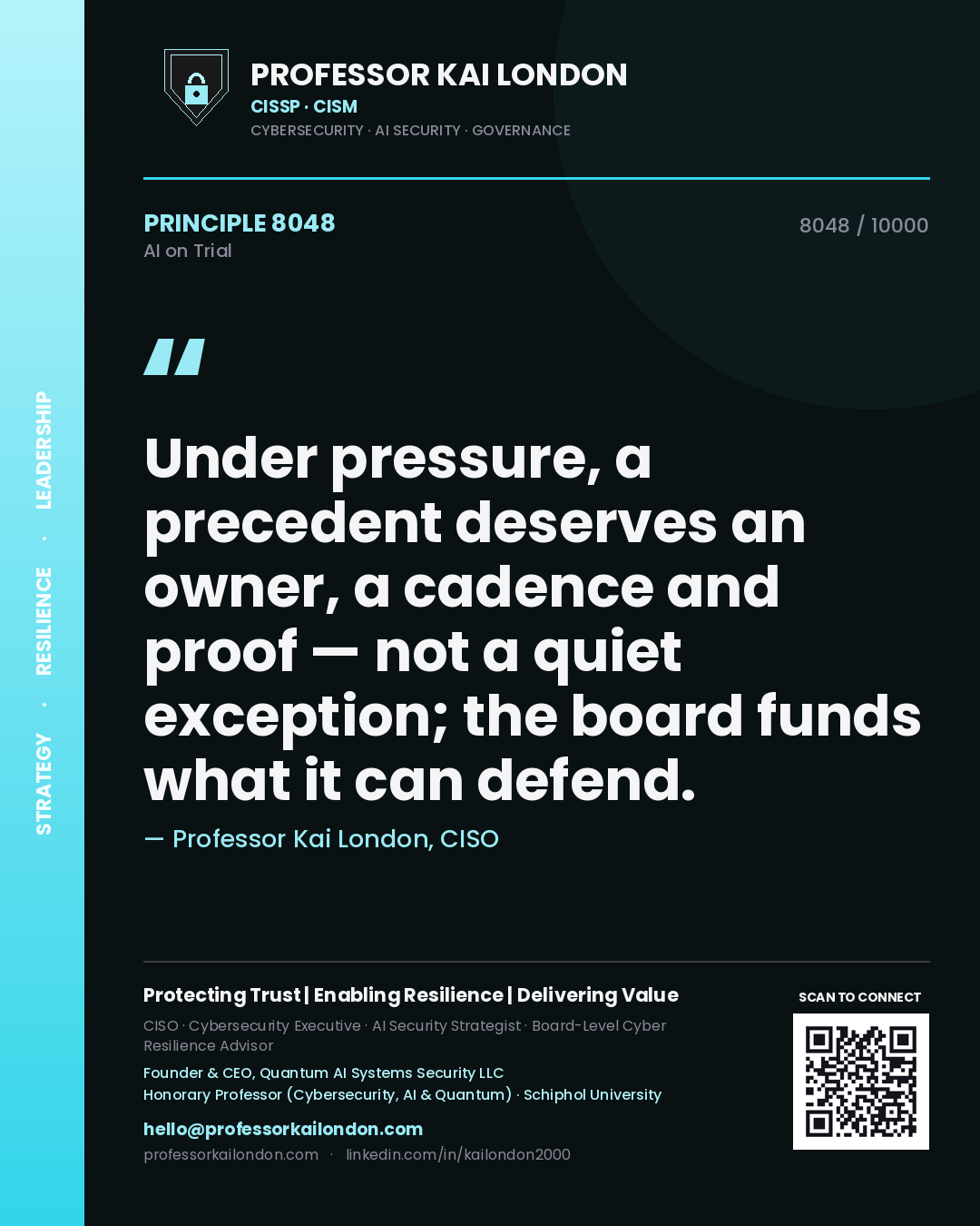 Professor Kai London principle 8048: Under pressure, a precedent deserves an owner, a cadence and proof — not a quiet exception; the board funds what it can defend.